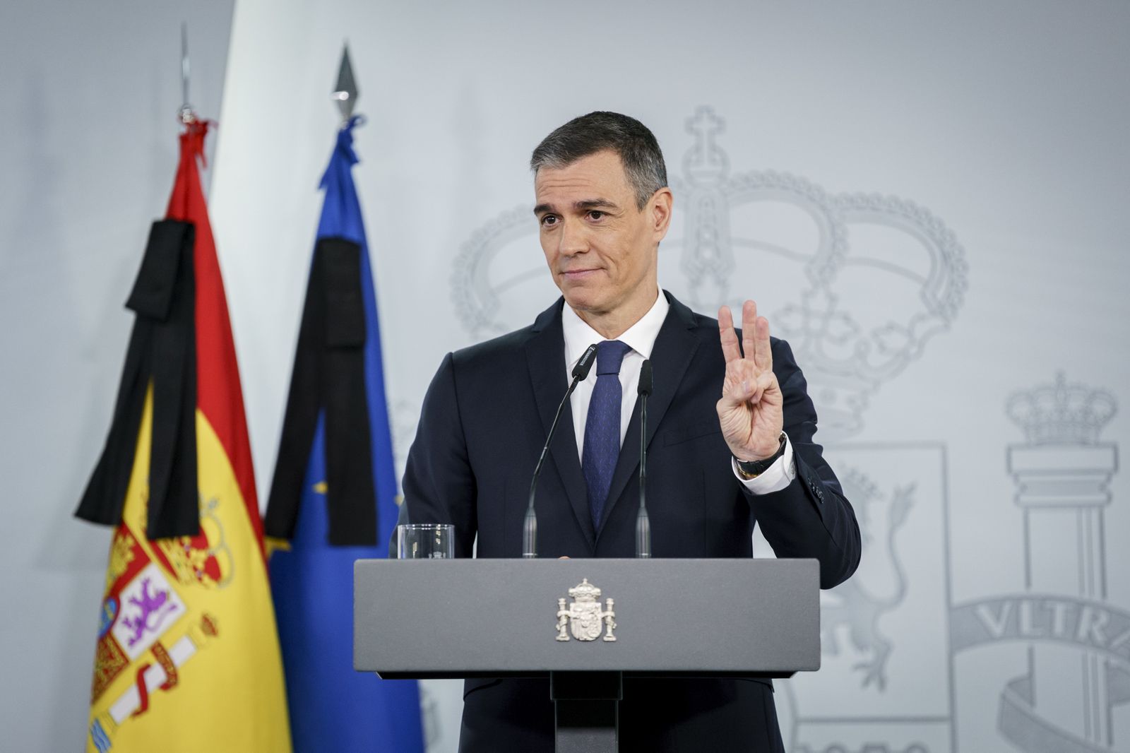 El president del Govern, Pedro Sánchez, compareix al Palau de la Moncloa, a 22 d'abril de 2025, a Madrid (Espanya).